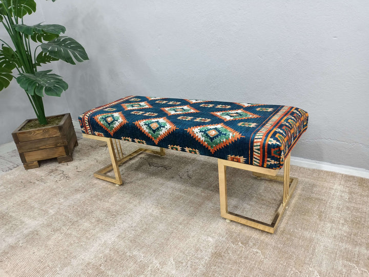 Stylish Bohemian Pattern Upholstered Bench, Detailed View Of Upholstered Bench Cushion, Erasable Sitting Bench, Wooden Leg Ottoman Bench with Small Stand