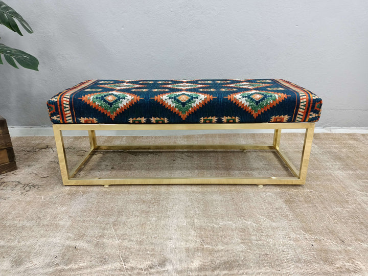 Ottoman Upholstered with Printed Rug Handmade Bench, Farmhouse Bench, Upholstered Bench with Lumbar Pillow, Modern Relaxation Bench with Backrest