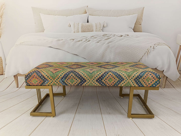 Easy To Clean Upholstered Bench, Kilim Pattern Dining Room Ottoman Bench, Durable Wood Leg Bench, Easy To Clean Upholstered Bench
