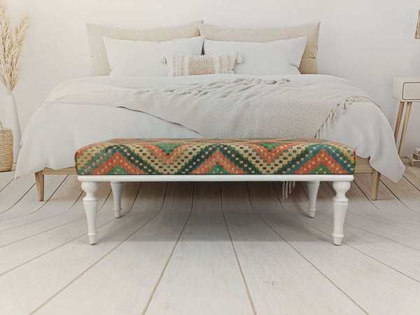 Turkish Kilim Upholstered Ottoman Bench for Hallway, Hotell Lobby Footstool Bench, Bathroom Durable Step Footstool Bench, New House Outdoor Bench