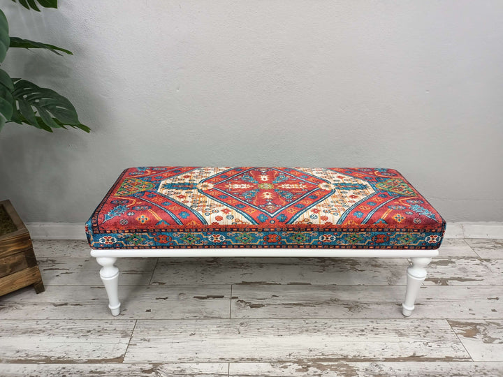 Modern Upholstered Bench in Bedroom, Stylish Bohemian Pattern Upholstered Bench, High Quality Wooden And Upholstered Bench, Bedroom Bench for Hallways