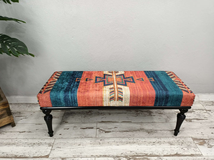 Oriental Fabric Upholstered Bench, Traditional Comfort Bench, Oriental Wooden Leg Bench, Footrest Step Stool, Upholstered Ottoman Stool Bench