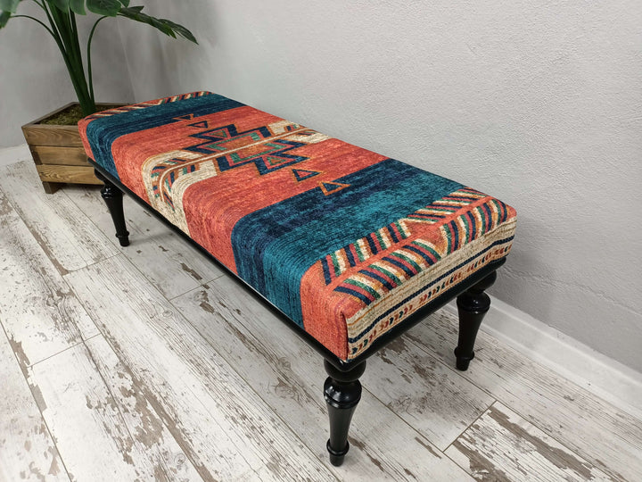 Vintage Pattern Upholstered Bench, Comfortable Outdoor Reading Wooden Bench, Bench With Soft Fabric Upholstery, Turkish Kilim Pattern Ottoman Bench with Storage, 