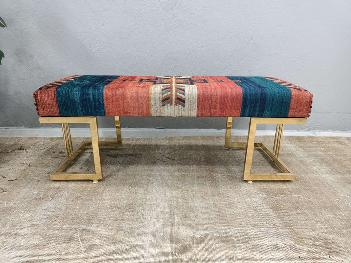 Easy To Clean Upholstered Bench, Anatolian Upholstered Wooden Footstool Bench, Nomadic Pattern Footstool Bench, Rustic Bench, Hallway Bench