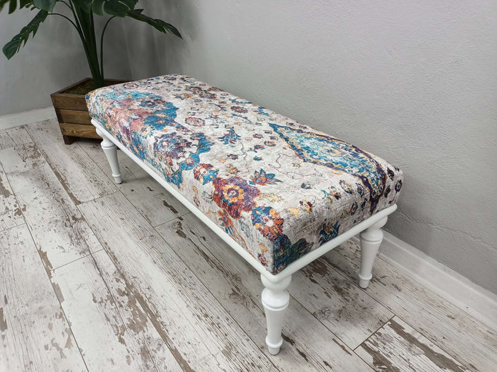 Bench with Arms, Durable Wood Leg Bench, Conical Leg Upholstered Bench, Quality Rocking Bench, Ottoman Upholstered with Printed Rug Handmade Bench