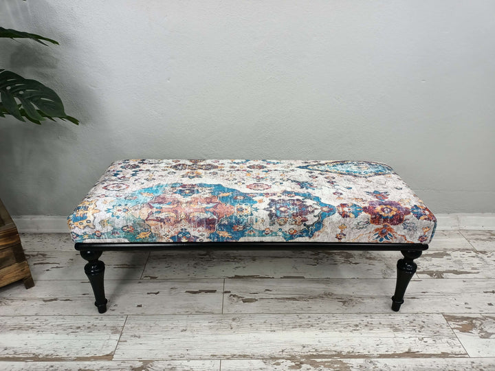 Mid Century Modern Upholstered Fabric Bench, Wooden Bench with Backrest, Oriental Legs Natural Wooden Decorative Bench, Practical Upholstered Footstool Bench