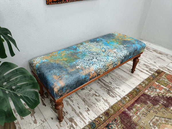 Medallion Boho Piano Bench, Baby Blue Footstool Bench, Upholstered Dining Bench Cushioned Seat Tufted Bedroom Entryway Home Bench