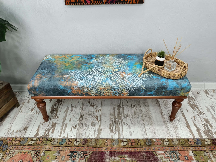 Movie To Watch Comfort Bench, Oriental Legs Natural Wooden Decorative Bench, Designer Upholstered Ottoman Bench, Oriental Leg Walnut Footstool Bench
