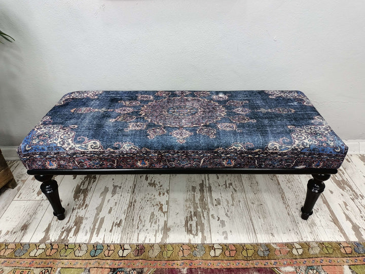Durable Wood Leg Bench, Easy To Clean Upholstered Bench, Anatolian Upholstered Wooden Footstool Bench, Nomadic Pattern Footstool Bench