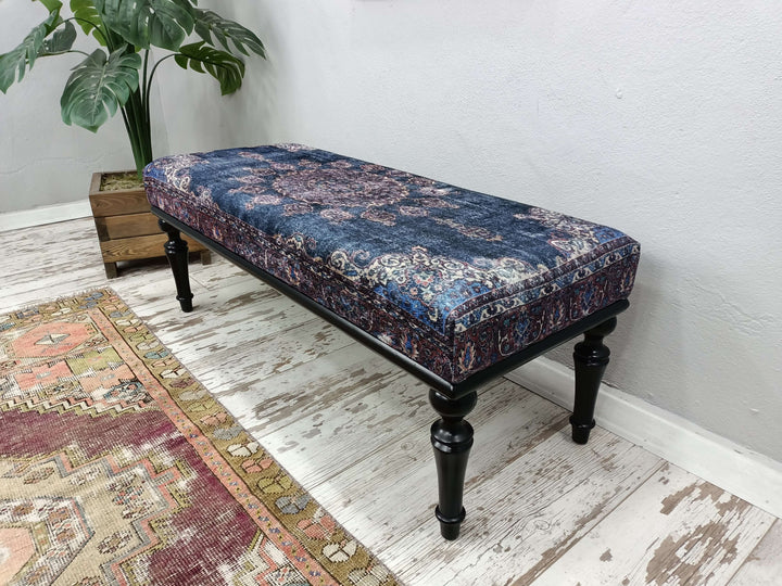 Reading Comfort Couch Bench, Ottoman Footstool Bench, Anatolian Kilim Rug Bench, White Color Leg Bench, Traditional Comfort Bench, Fabric Walnut Wood Covered Bench