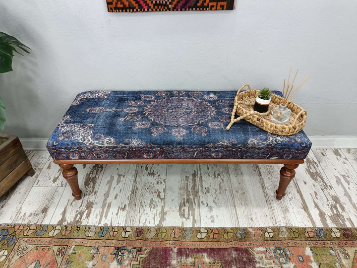 Oriental Printed Fabric Upholstered Ottoman Bench, Dressing Table Set Bench Ottoman Upholstered with Printed Rug Handmade Bench, Farmhouse Bench, Dressing room bench