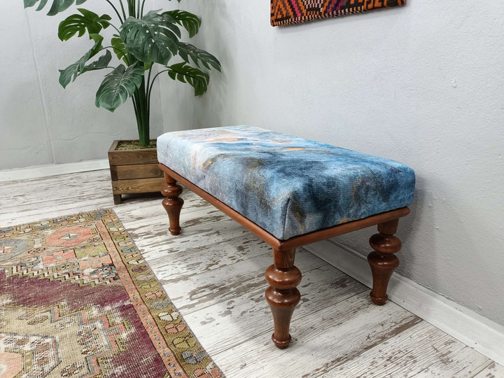 Dressing room bench, Window seat, Wooden Leg Bench, Oriental Leg Walnut Footstool Bench, Simple Sofa Solid Wood Bench, Fabric Upholstered Single Sofa, Bench with Arms