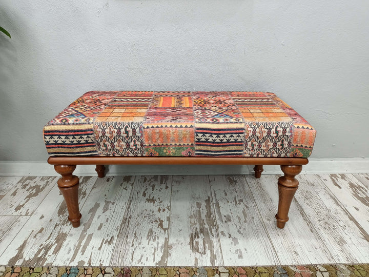 Wooden Rocking Bench With Oriental Legs, Conical Leg Upholstered Bench, Quality Rocking Bench, Solid Wood High Back Bench, Durable Wood Leg Bench