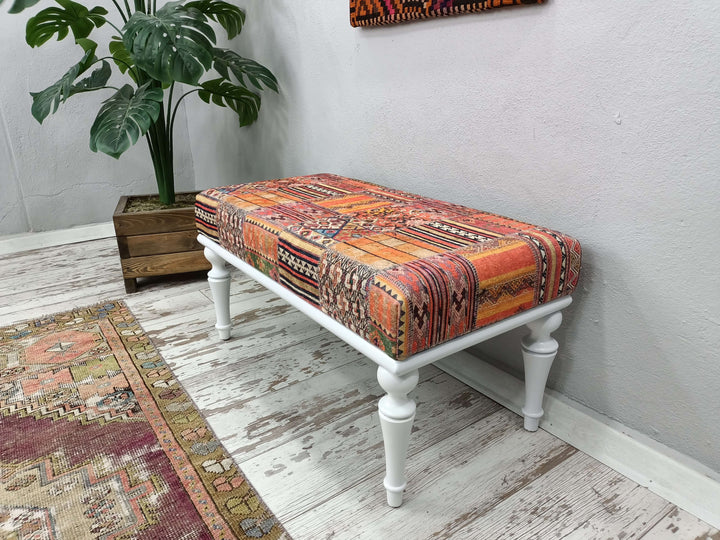 Natural Ottoman Bench With Classic Legs, Customizable Dining Room Velvet Bench , Woodworker Large Size Printed Bench, Rectangular Ottoman Bench