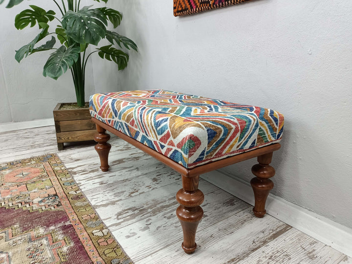 Colorful Oriental Leg Footstool Bench, Qality Velvet Fabric Footstool Bench, Easy To Clean Upholstered Bench, Farmhouse Decor Bench, Elegant Reading Bench