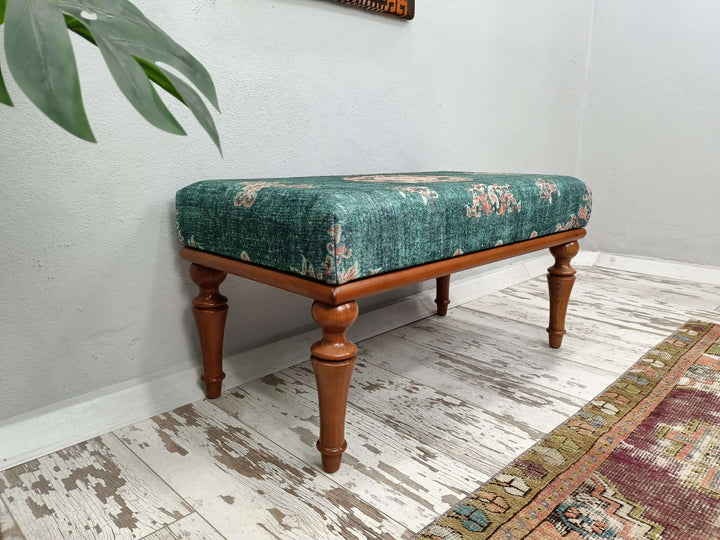 Ottoman Upholstered with Printed Rug Handmade Bench, Farmhouse Bench, Dressing room bench, Window seat, Wooden Leg Bench, Oriental Leg Walnut Footstool Bench