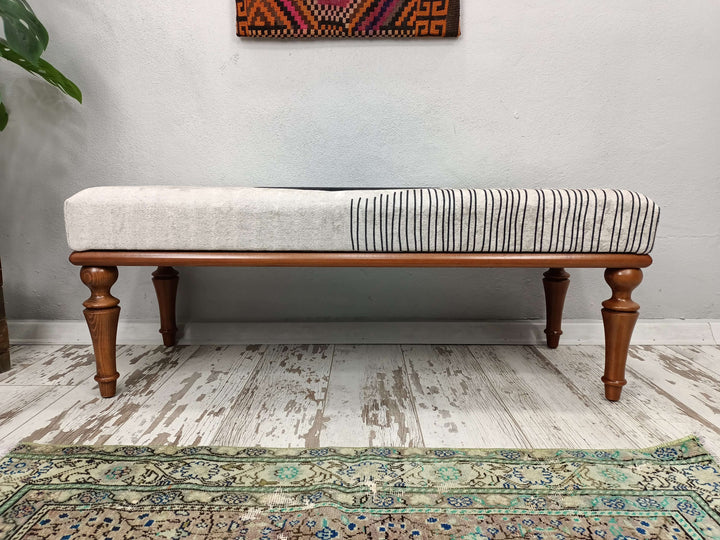 High Quality Wooden And Upholstered Bench, Bench with Printed Fabric, Natural Ottoman Bench With Classic Legs, Traditional Comfort Bench, Eraseble Footstool Bench
