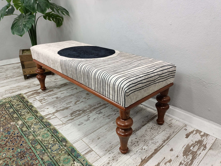 New House Decorative Bench, Practical Upholstered Footstool Bench, Conical Leg Upholstered Bench, Turkish Kilim Pattern Ottoman Bench with Storage