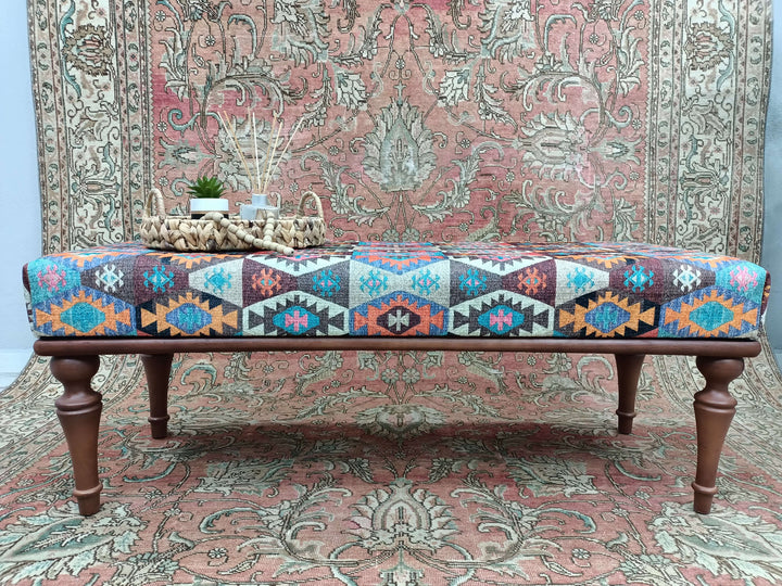 Natural Wooden Decorative Bench, Stylish Bohemian Pattern Upholstered Bench, Antique Footstool Bench, Historical Durable Bench, Velvet Fabric Upholstered Bench