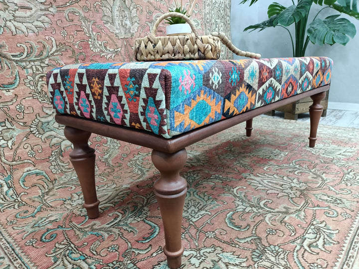 Nomadic Pattern Footstool Bench, Rustic Bench, Durable Wood Leg Bench, Easy To Clean Upholstered Bench, Solid Wood High Back Bench