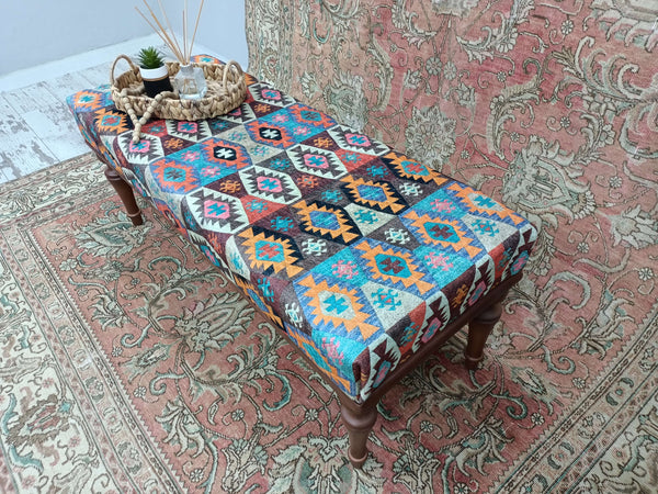 Upholstered with Turkish Kilim Handmade Bench, Qality Work Footstool Bench, Outdoor Decor Bench, Oushak Bench, Unique Upholstered Bench