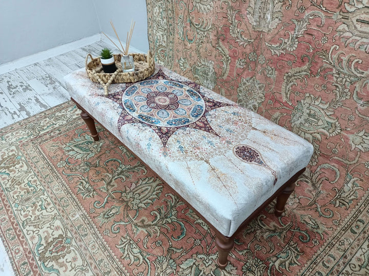 Designer Upholstered Ottoman Bench, Oriental Leg Walnut Footstool Bench Elegant Decor Bench With Brown Legs, Bedroom Relax Sitting Comfortable Bench