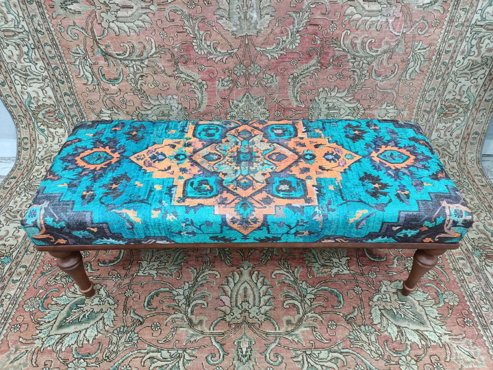 Movie To Watch Comfort Bench, Oriental Legs Natural Wooden Decorative Bench, Designer Upholstered Ottoman Bench, Oriental Leg Walnut Footstool Bench