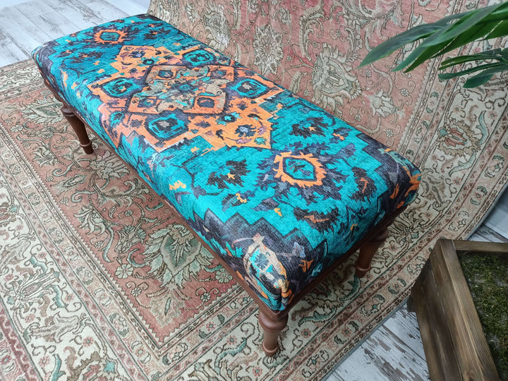 Dressing Table Set Bench Ottoman Upholstered with Printed Rug Handmade Bench, Farmhouse Bench, Dressing room bench, Window sea Bench