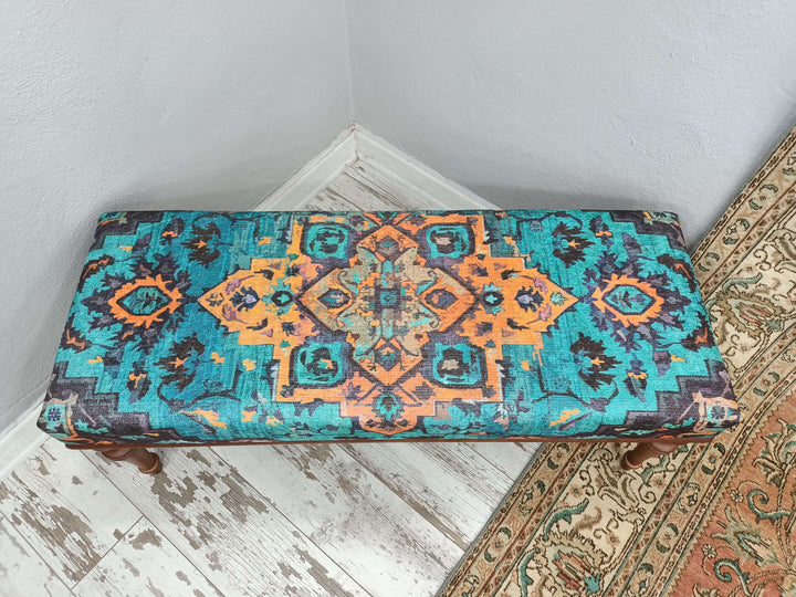 Easy To Clean Upholstered Bench, Kilim Pattern Dining Room Ottoman Bench, Durable Wood Leg Bench, Easy To Clean Upholstered Bench, Anatolian Upholstered Wooden Footstool Bench