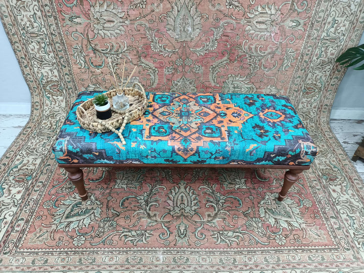 Modern Accent Bench, Eco Friendly Bench, Pet Friendly Upholstered Bench, Oriental Printed Fabric Upholstered Ottoman Bench, Dressing Table Set Bench