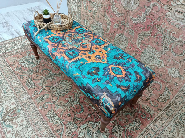 Oriental Traditional Handmade Ottoman Bench, Solid Wood Ottoman Stool Bench, Footrest Step Stool Bench, Upholstered Ottoman Stool Bench