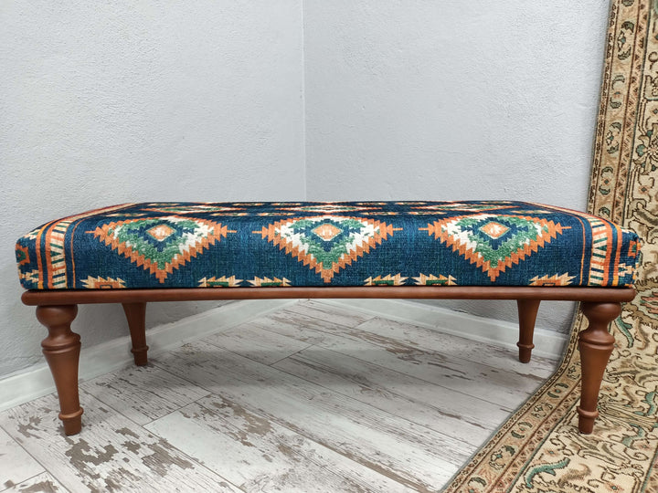 Oriental Printed Fabric Upholstered Ottoman Bench, Dressing Table Set Bench, New House Decorative Bench, Practical Upholstered Footstool Bench