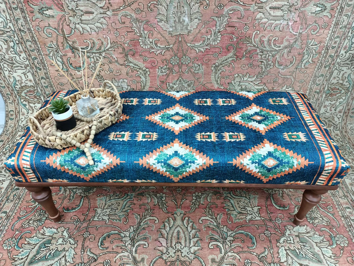 Designer Upholstered Ottoman Bench, Oriental Leg Walnut Footstool Bench, Printed Fabric Upholstered Ottoman Bench, Dressing Table Set Bench
