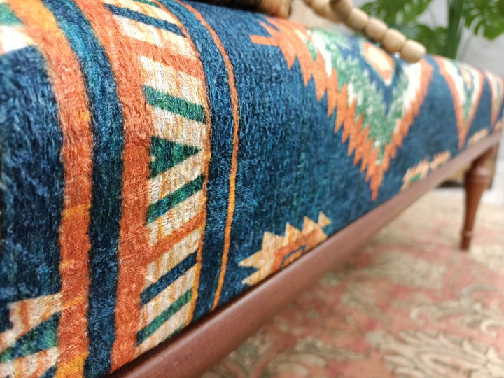 Mid-century Bench, Upholstered Ottoman Bench, Stylish Bohemian Pattern Upholstered Bench, High Quality Wooden And Upholstered Bench, Decorative Bench
