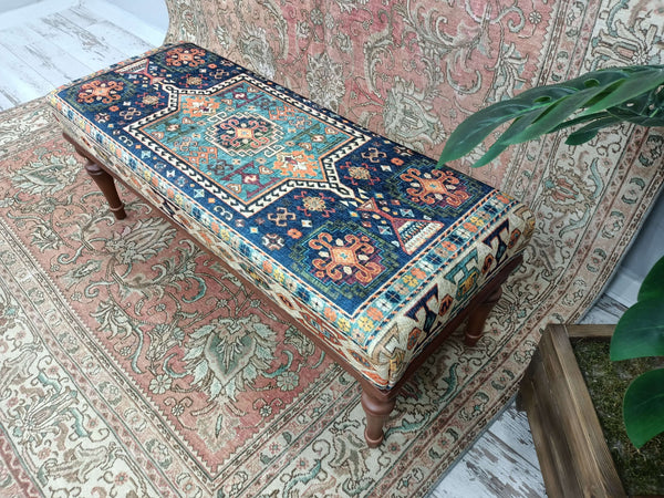 Vintage Upholstered Ottoman Bench for Entryway, Handmade Furniture, Piano Bench, Entry Table, Hemp Kilim Bench, Pouffe Coffee Table, Wooden Bench