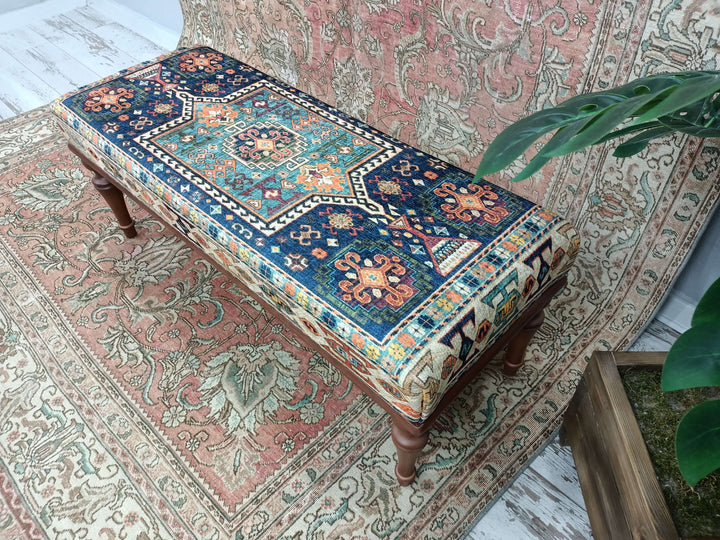 Vintage Upholstered Ottoman Bench for Entryway, Handmade Furniture, Piano Bench, Entry Table, Hemp Kilim Bench, Pouffe Coffee Table, Wooden Bench