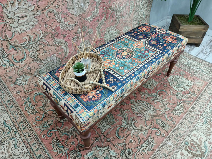 Bedroom Relax Sitting Comfortable Bench, Comfortable Sitting Bench, Wooden Rocking Bench With Oriental Legs, Oriental Printed Fabric Upholstered Ottoman Bench
