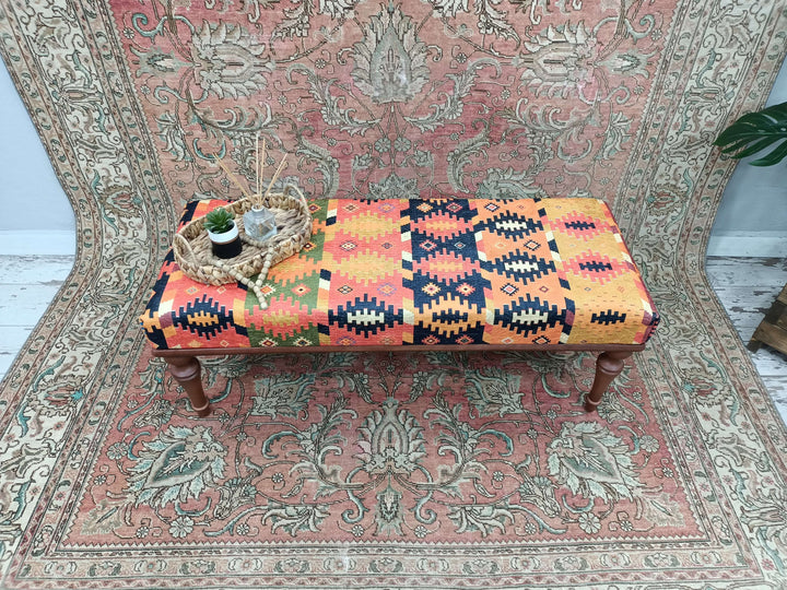 Turkish Kilim Pattern Ottoman Bench with Storage, New House Decorative Bench, Practical Upholstered Footstool Bench, Stylish Bohemian Pattern Upholstered Bench