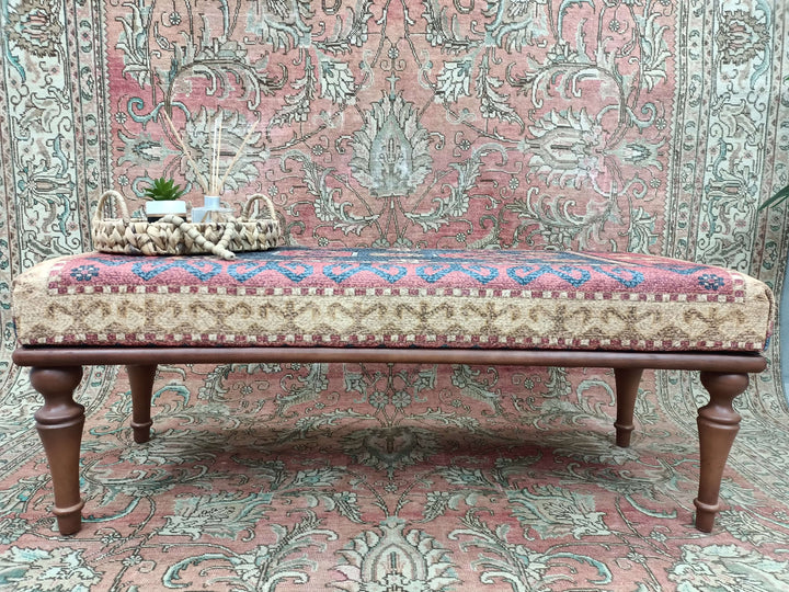 Detailed View Of Upholstered Bench Cushion, Oriental Legs Natural Wooden Decorative Bench, Stylish Bohemian Pattern Upholstered Bench