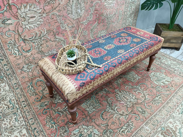 Turkish Rug Pattern Traditional Bench Seat, benches for dining table, Small Bench, Teddy Fabric Upholstered Bench, Durable Wooden Bench