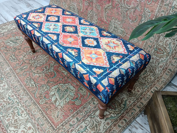 Kilim Upholstered Ottoman Bench, Bedroom Decor Bench, Wooden Leg Bench Upholstered Bench, Multicolor Fabric Upholstered Footstool Bench