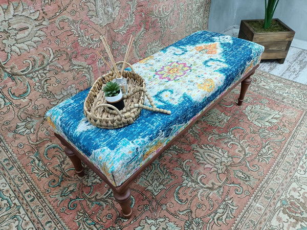 Blue Printed Rug Upholstered Bedroom Ottoman Bench, Oriental Printed Fabric Upholstered Ottoman Bench, Dressing Table Set Bench, New House Decorative Bench, Practical Upholstered Footstool Bench,