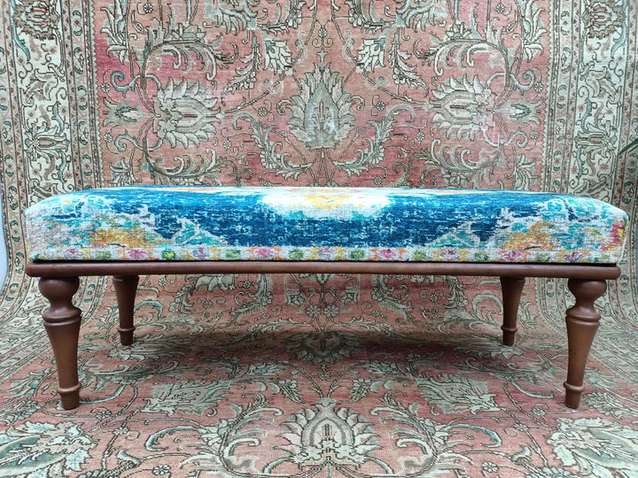 Oriental Printed Fabric Upholstered Ottoman Bench, Dressing Table Set Bench Ottoman Upholstered with Printed Rug Handmade Bench, Farmhouse Bench, Dressing room bench