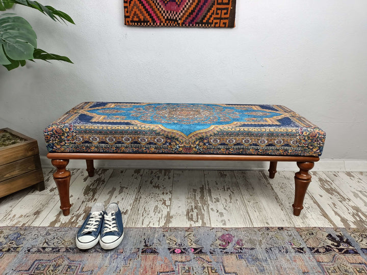 Elegant Decor Bench With Brown Legs, Bedroom Relax Sitting Comfortable Bench, Comfortable Sitting Bench, Wooden Rocking Bench With Oriental Legs