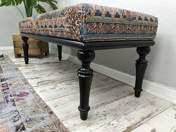 Dark Brown Leg Footstool Bench, Velvet Fabric Bench, Durable Footstool Bench, Eraseble Footstool Bench, Oriental Wooden Leg Bench, Dining Bench with Padded Seat for Kitchen