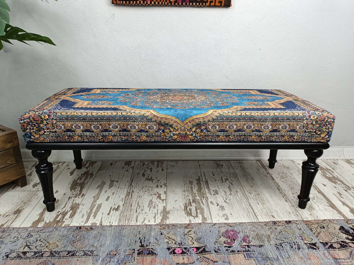 Oriental Printed Fabric Upholstered Ottoman Bench, Dressing Table Set Bench, New House Decorative Bench, Practical Upholstered Footstool Bench