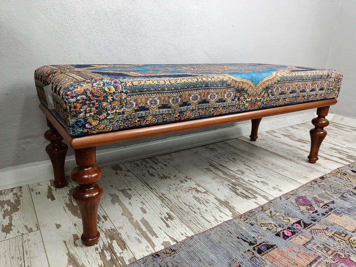 Comfortable Bench, Luxury Bench, Mid-century Bench, Upholstered Ottoman Bench, Stylish Bohemian Pattern Upholstered Bench, Library Bench
