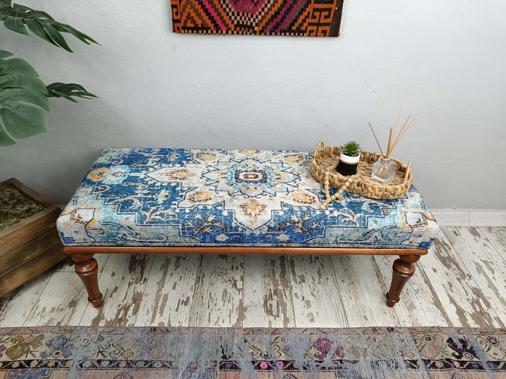 Easy To Clean Upholstered Bench, Anatolian Upholstered Wooden Footstool Bench, Vintage Upholstered Ottoman Bench for Entryway, Reading bench