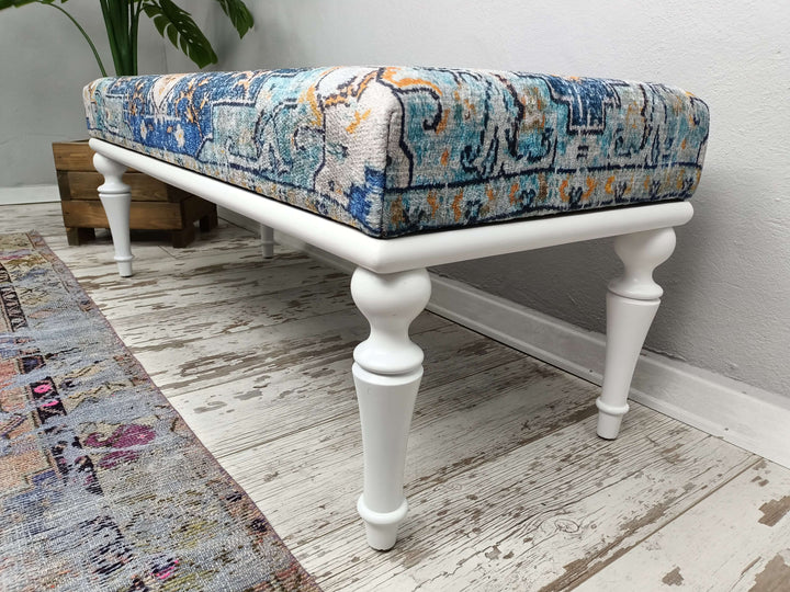 Modern Chair for Entryway, Bedroom Bench, Contemporary Rectangular Stool, Wooden Makeup Stool, Wooden Stool, Kilim Pattern Dining Room Ottoman Bench