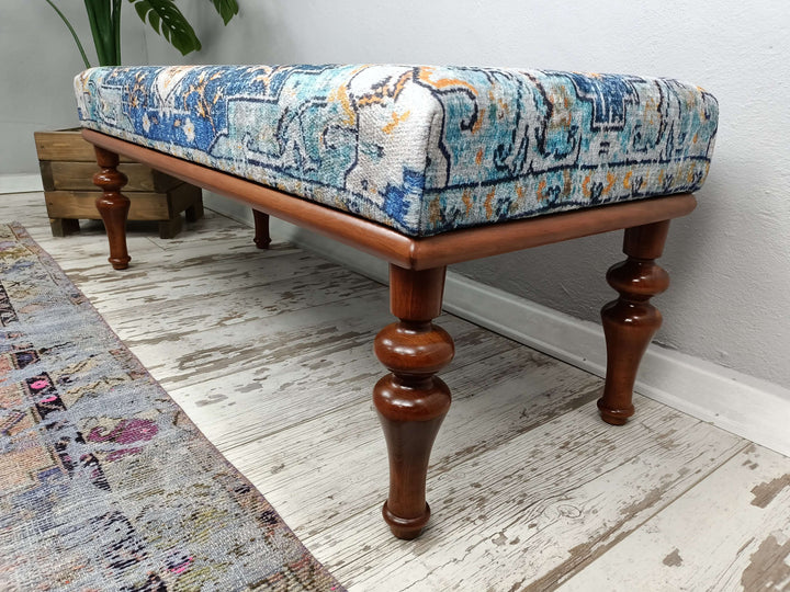 Wooden Bench With Oriental Legs, Easy to Clean Natural Leg Bench, Mid Century Modern Upholstered Fabric Bench, Eco Friendly Bench